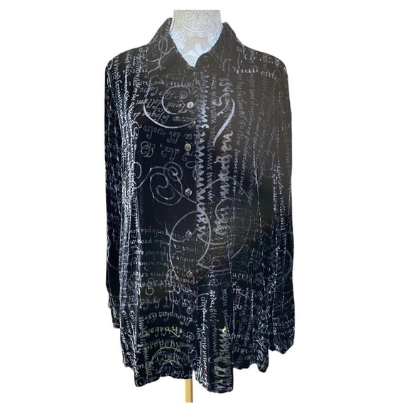 Vintage 90s Black Velvet Burnout Script Print Top Silk Blend Semi Sheer Boho L - Picture 7 of 16